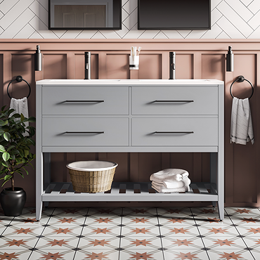 Montrose 1200mm Dove Grey Double Basin Vanity Unit with Matt Black Handles and Slatted Shelf