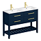 Montrose 1200mm Indigo Blue Double Basin Vanity Unit with Brushed Brass Handles and Slatted Shelf