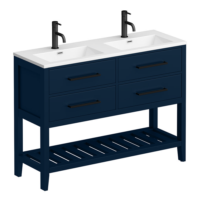 Montrose 1200mm Indigo Blue Double Basin Vanity Unit with Matt Black Handles and Slatted Shelf