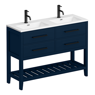 Montrose 1200mm Indigo Blue Double Basin Vanity Unit with Matt Black Handles and Slatted Shelf