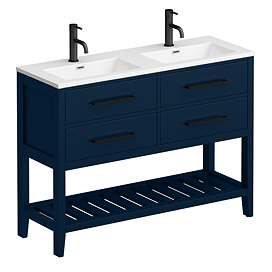 Montrose 1200mm Indigo Blue Double Basin Vanity Unit with Matt Black Handles and Slatted Shelf