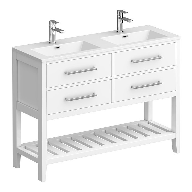 Montrose 1200mm White Double Basin Vanity Unit with Chrome Handles and Slatted Shelf