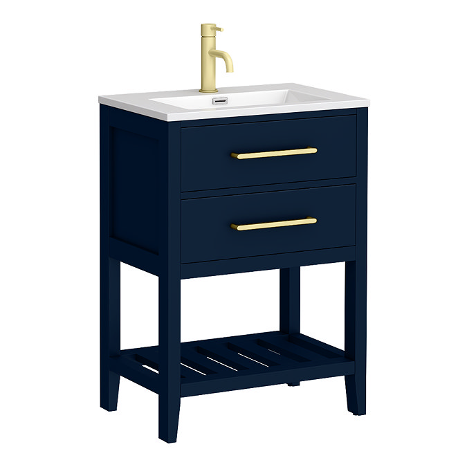 Montrose 610mm Indigo Blue Vanity Unit with Brushed Brass Handles and Slatted Shelf