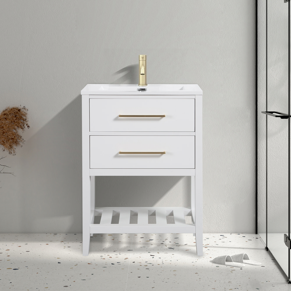 Montrose 610mm White Vanity Unit with Brushed Brass Handles and Slatted