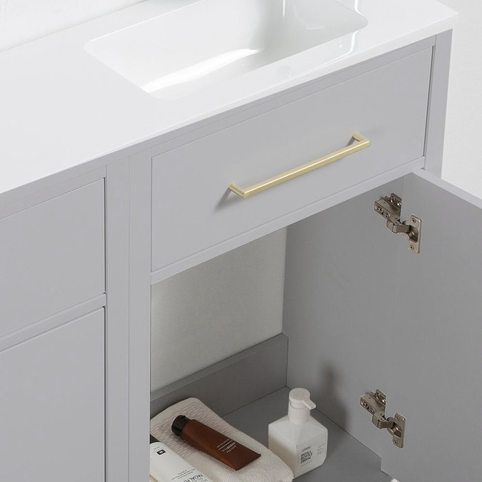 Montrose Dove Grey Combination Vanity and WC Unit with Brushed Brass Handles and Flush