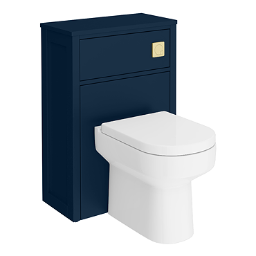 Montrose Indigo Blue 585mm Wide WC Unit with Cistern, Brushed Brass Flush + Modern Pan