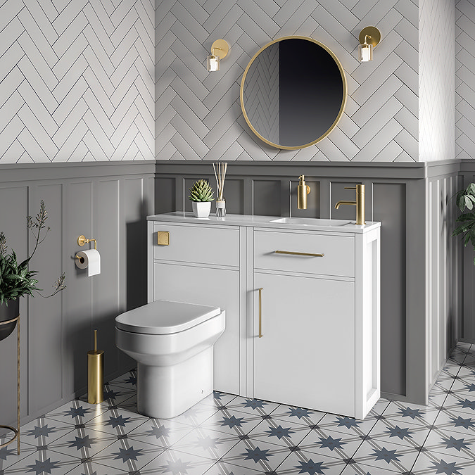 Montrose White Combination Vanity and WC Unit with Brushed Brass Handles and Flush