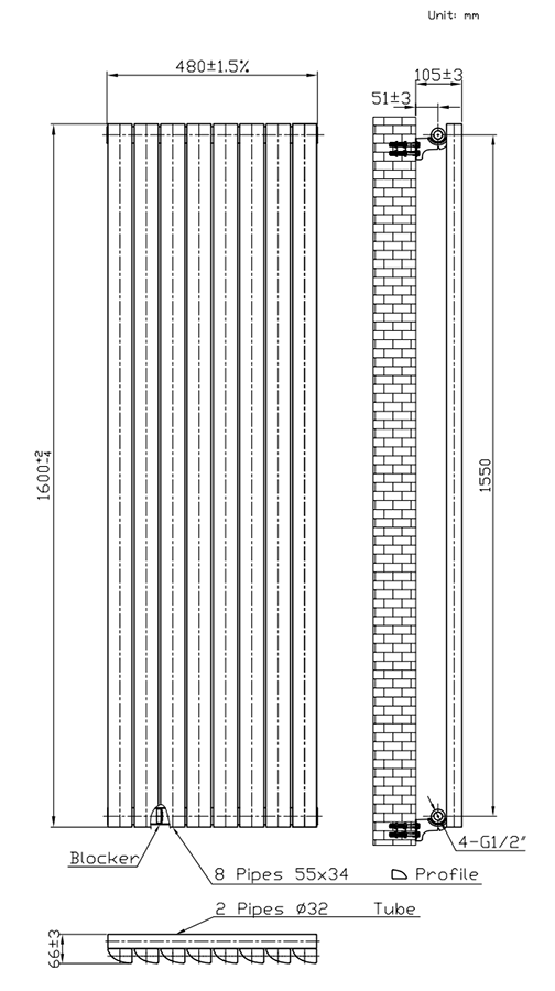 Monza 1600 x 480 Vertical Venetian‑Style White Designer Radiator
