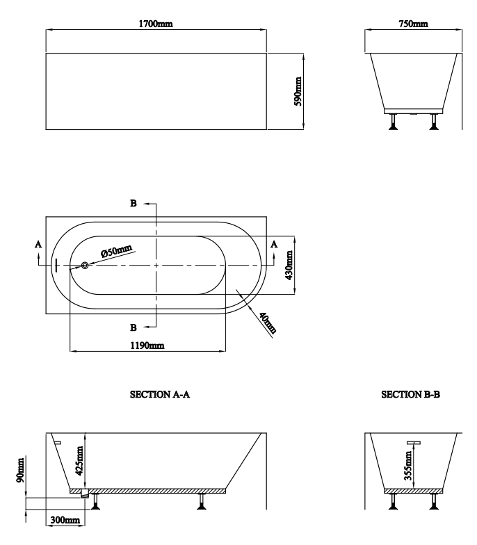 Monza 1700 x 750 Curved Free Standing Corner Bath with Screen Left Hand Option