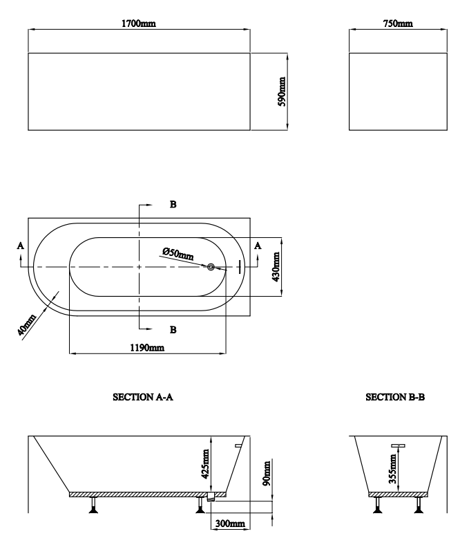 Monza 1700 x 750 Curved Free Standing Corner Bath with Screen