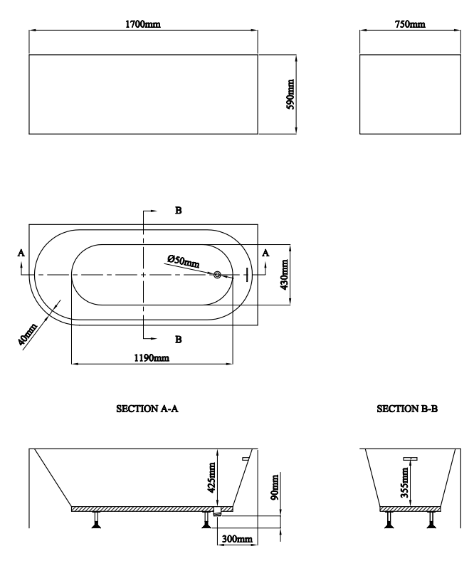 Monza 1700 x 750 Curved Free Standing Corner Bath Right Hand Option