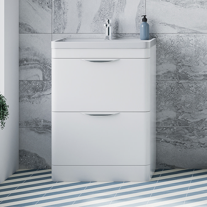 Monza Gloss White 600 x 445mm Floor-Standing Vanity Unit with Modern Chrome Pull Handles and Polymarble Basin