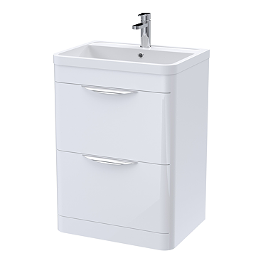 Monza Gloss White 600 x 445mm Floor-Standing Vanity Unit with Modern Chrome Pull Handles and Polymarble Basin