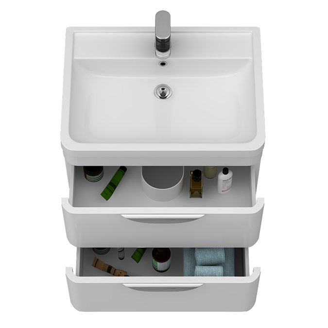 Radius Wall Hung 2 Drawer Vanity Unit with Chrome Handles W600 x D445mm – Gloss White