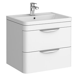 Radius Wall Hung 2 Drawer Vanity Unit with Chrome Handles W600 x D445mm – Gloss White