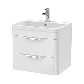 Radius Wall Hung 2 Drawer Vanity Unit with Chrome Handles W600 x D445mm – Gloss White