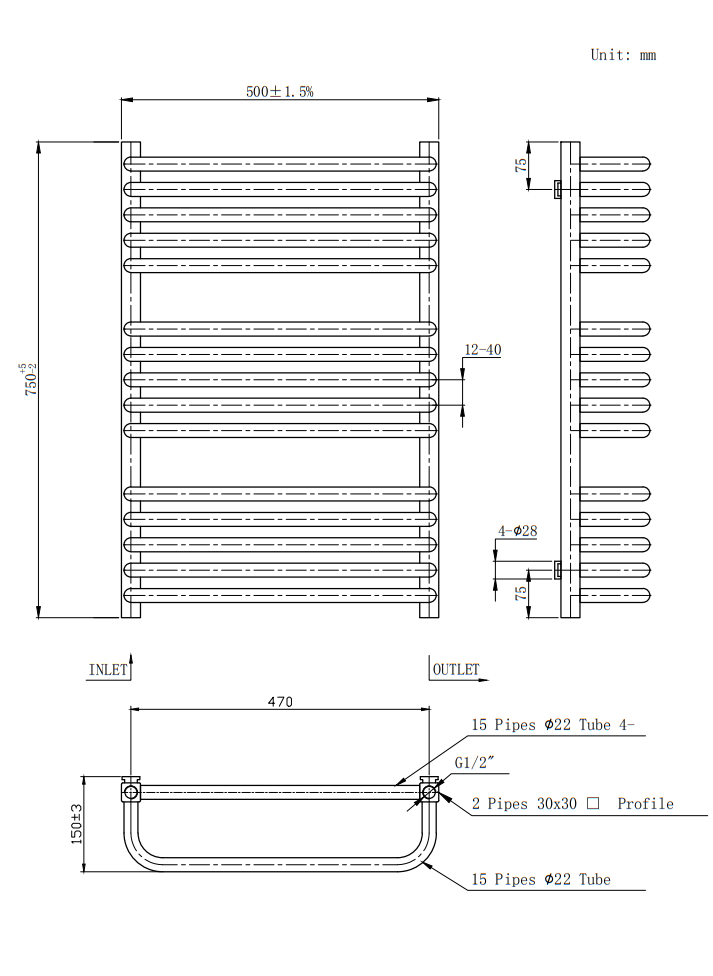 Monza 500 x 750 Anthracite Designer D-Shaped Heated Towel Rail