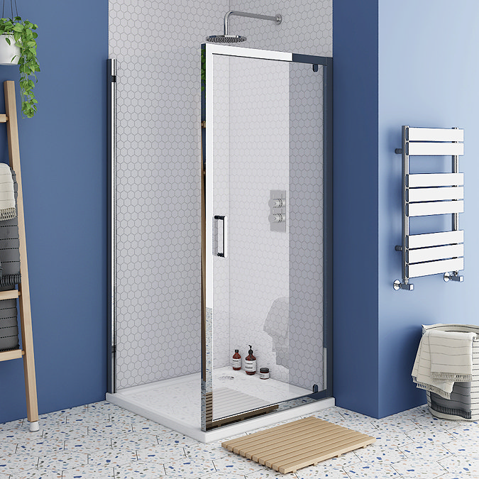 Monza 760 x 760mm Pivot Door Shower Enclosure + Pearlstone Tray Large Image