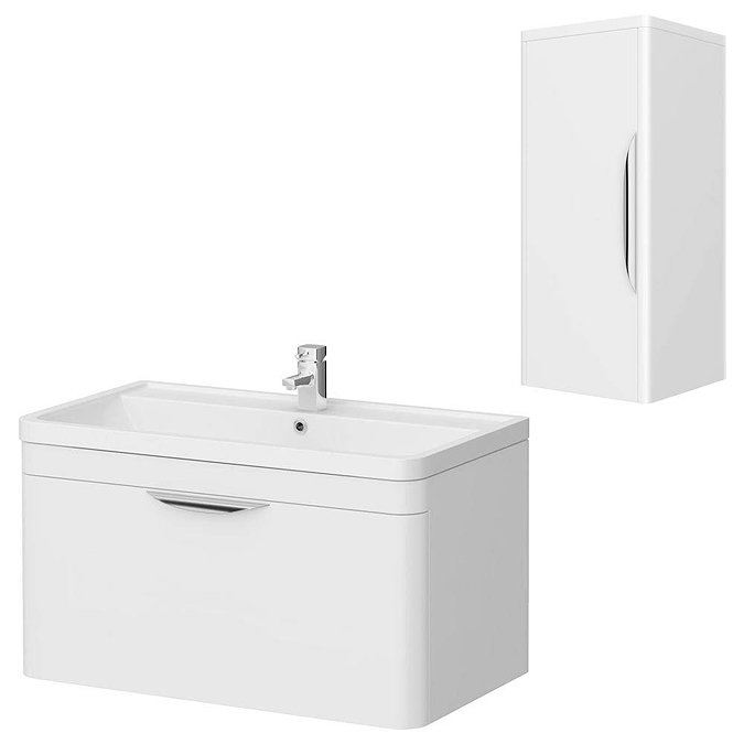 Monza 800 Wall Mounted Vanity Unit Inc. Basin + Side Cabinet - White Gloss Large Image