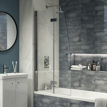 Monza 800 x 1400 Chrome 6mm Hinged Sail Bath Screen with Fixed Side Panel  Profile Large Image