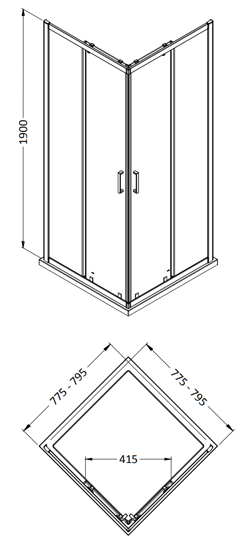 Monza 800 x 800mm Square Corner Entry Shower Enclosure without Tray