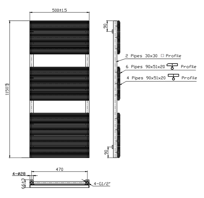 Monza Anthracite Grey Aluminium Heated Towel Rail 1150 x 500mm with Flat Panels