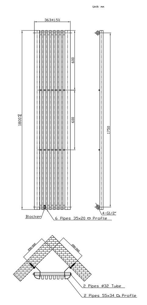 Monza Anthracite Corner Vertical Column Aluminium Radiator 1800 x 315mm