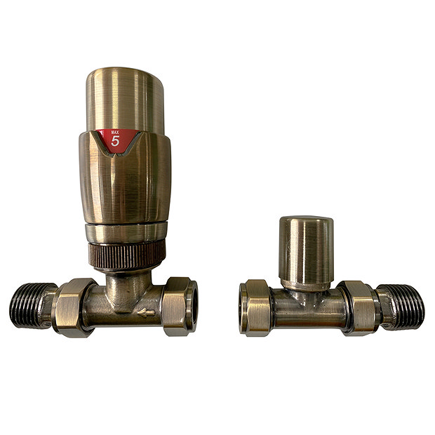 Monza Antique Brass Straight Thermostatic Radiator Valves - Energy Saving