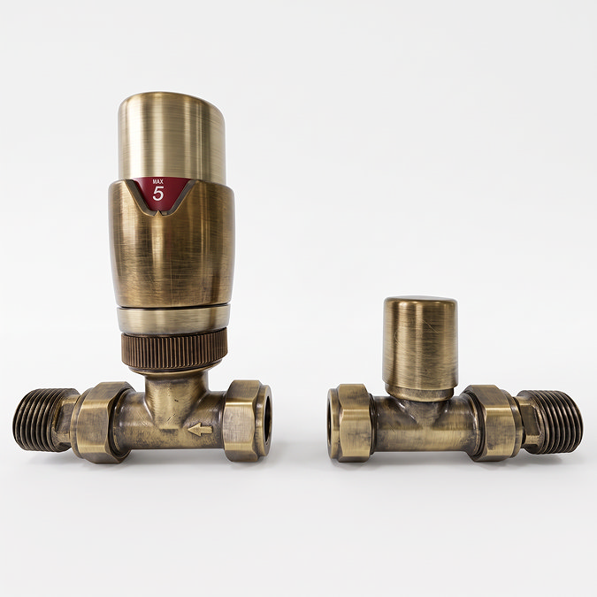 Monza Antique Brass Straight Thermostatic Radiator Valves - Energy Saving_Studio2