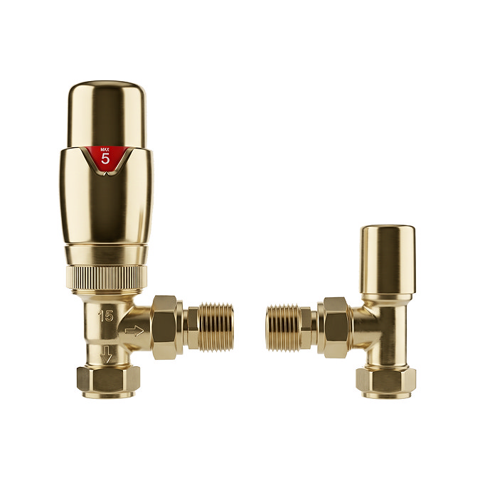 Monza Brushed Brass Angled Thermostatic Radiator Valves - Energy Saving