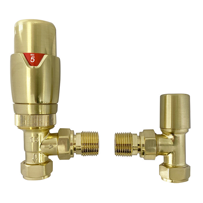 Monza Brushed Brass Angled Thermostatic Radiator Valves - Energy Saving  Feature Large Image