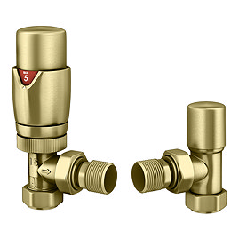 Monza Brushed Brass Angled Thermostatic Radiator Valves - Energy Saving Large Image