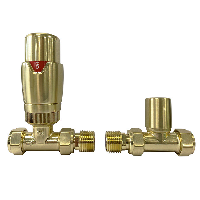Monza Brushed Brass Straight Thermostatic Radiator Valves - Energy Saving  Feature Large Image