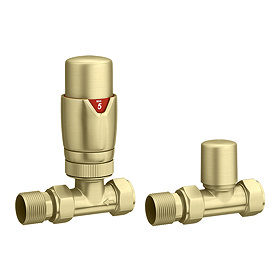 Monza Brushed Brass Straight Thermostatic Radiator Valves - Energy Saving Large Image