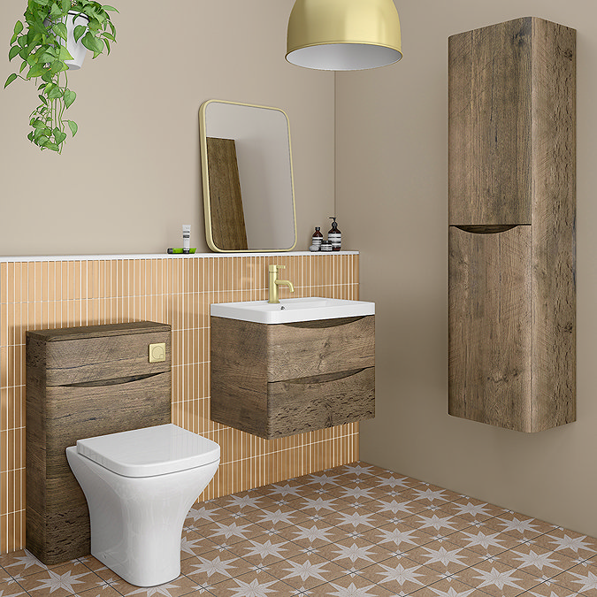 Monza Chestnut 500mm Wide WC Unit with Cistern, Brushed Brass Flush + Modern Pan