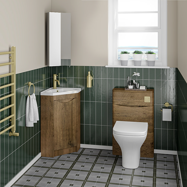 Monza Chestnut 500mm Wide WC Unit with Cistern, Brushed Brass Flush + Modern Pan
