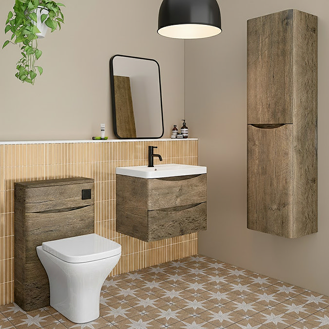 Monza Chestnut 500mm WC Unit with Cistern & Matt Black Flush - Includes Modern Toilet Pan