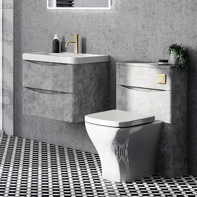 Monza Concrete Effect 500mm Wide WC Unit with Cistern, Brushed Brass Flush + Modern Pan