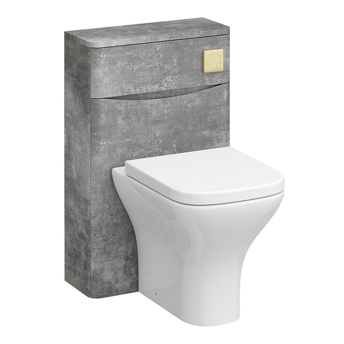 Monza Concrete Effect 500mm Wide WC Unit with Cistern, Brushed Brass Flush + Modern Pan