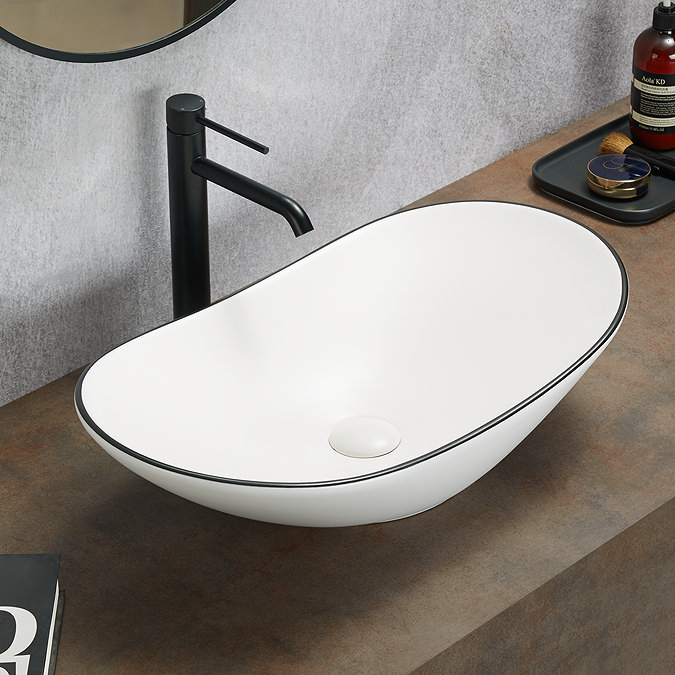 Monza Gloss White Floor Standing Countertop Vanity Unit - 900mm 2 Drawer with Oval White with Black Trim Basin