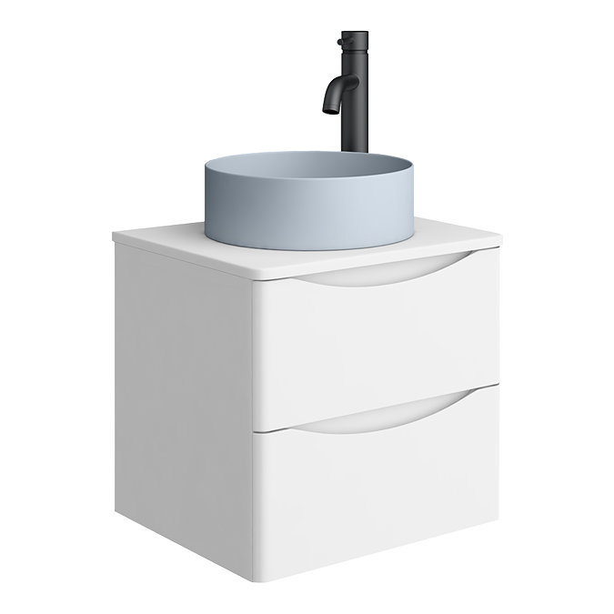 Monza Gloss White Wall Hung Countertop Vanity Unit - 500mm 2 Drawer with Matt Blue Round Basin