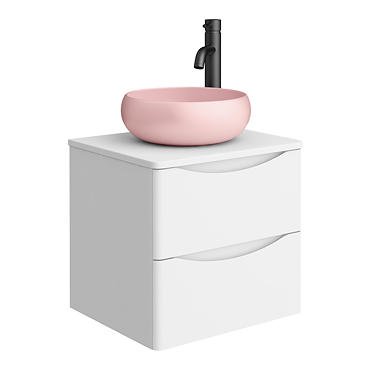 Monza Gloss White Wall Hung Countertop Vanity Unit - 500mm 2 Drawer with Matt Pink Round Basin