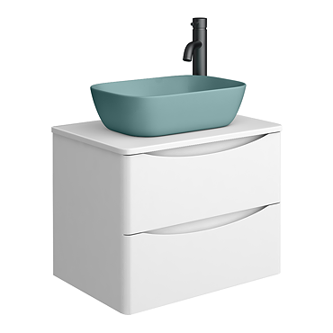 Monza Gloss White Wall Hung Countertop Vanity Unit - 600mm 2 Drawer with Matt Green Rectangular Basin