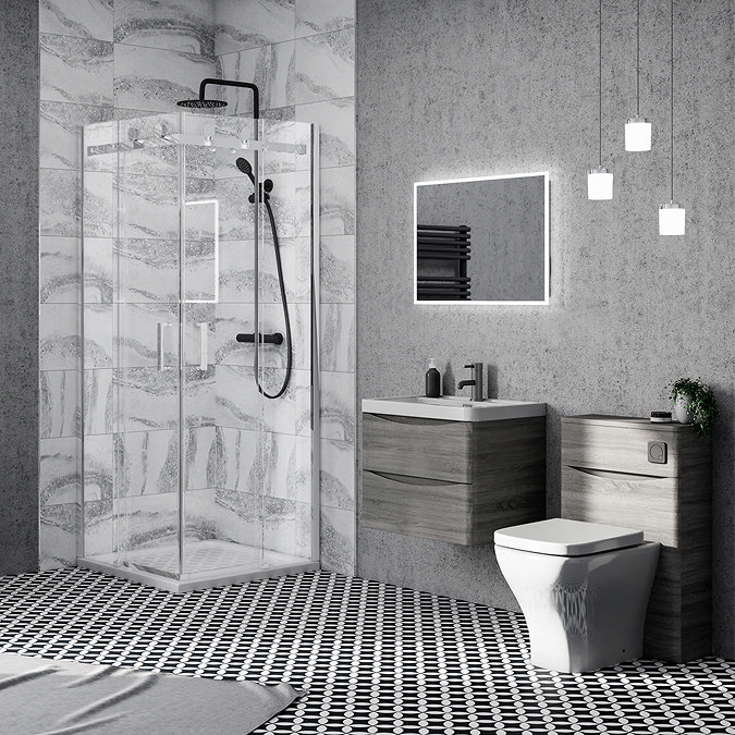 Monza Graphite Oak 500mm Wide WC Unit with Cistern, Brushed Gunmetal Grey Flush + Modern Pan