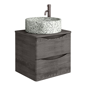 Monza Graphite Oak Wall Hung Countertop Vanity Unit - 500mm 2 Drawer with Speckled Stone Effect Round Basin
