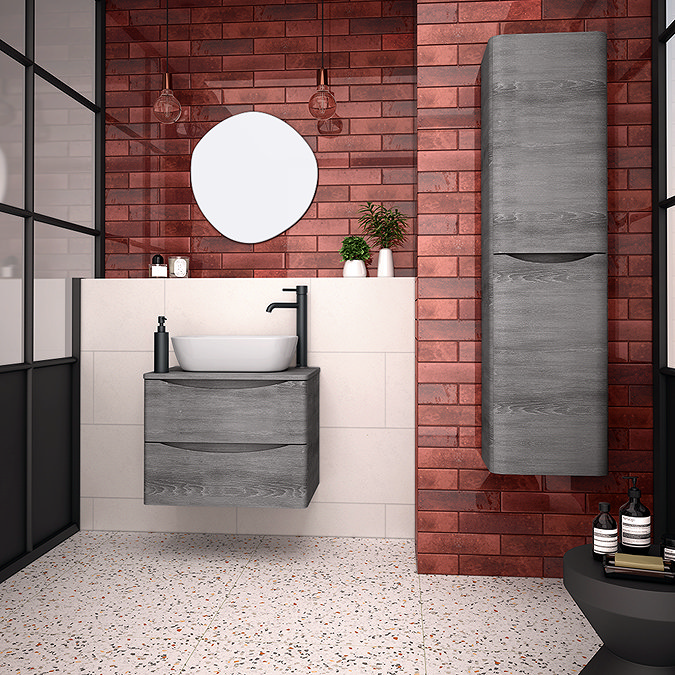 Monza Graphite Oak Wall Hung Countertop Vanity Unit - 600mm 2 Drawer with Rectangular Gloss White Basin