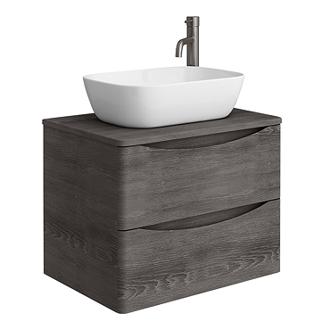 Monza Graphite Oak Wall Hung Countertop Vanity Unit - 600mm 2 Drawer with Rectangular Gloss White Basin