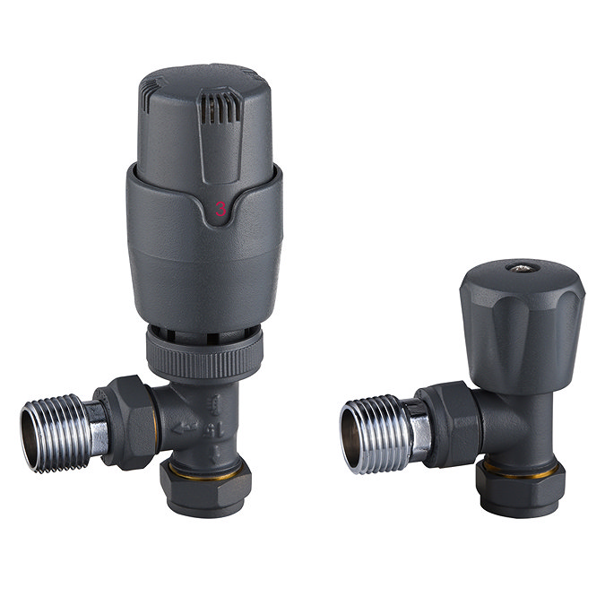 Monza Modern Grey Angled Thermostatic Radiator Valves Large Image