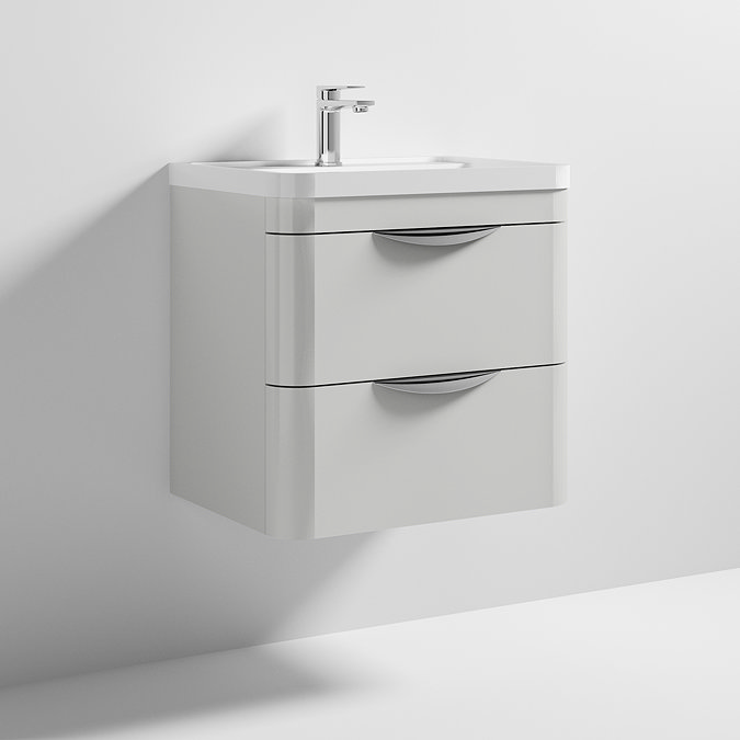 Monza 600mm Grey Mist Wall Hung 2 Drawer Vanity Unit with Basin In Bathroom Large Image