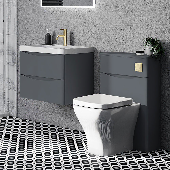 Monza Matt Grey 500mm Wide WC Unit with Cistern, Brushed Brass Flush + Modern Pan